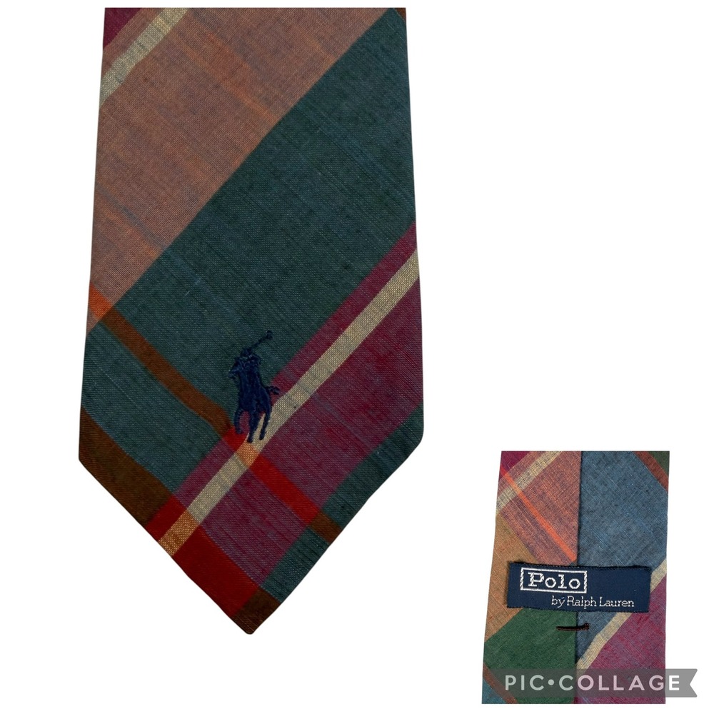 Vintage Polo Ralph Lauren Multi Plaid Madras Cotton Tie Hand Made USA Pony 55.5"